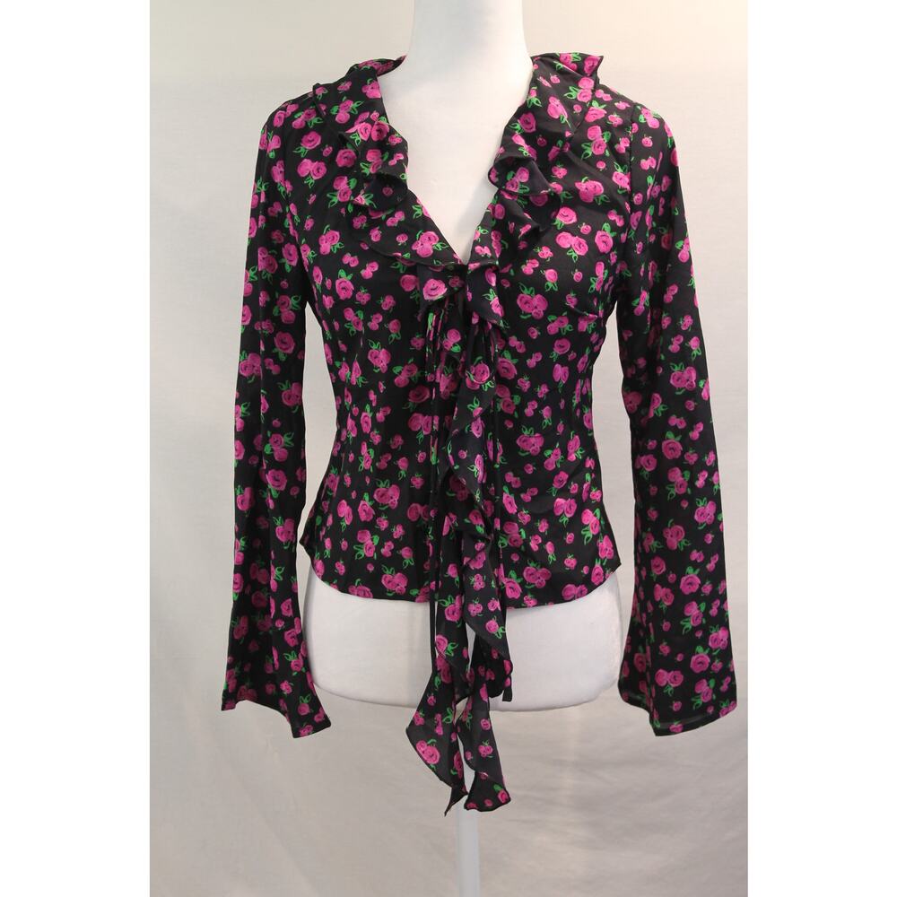 Commense Top Rosa Rugosa Floral Ruffle Tied size M Black Purple Flowers